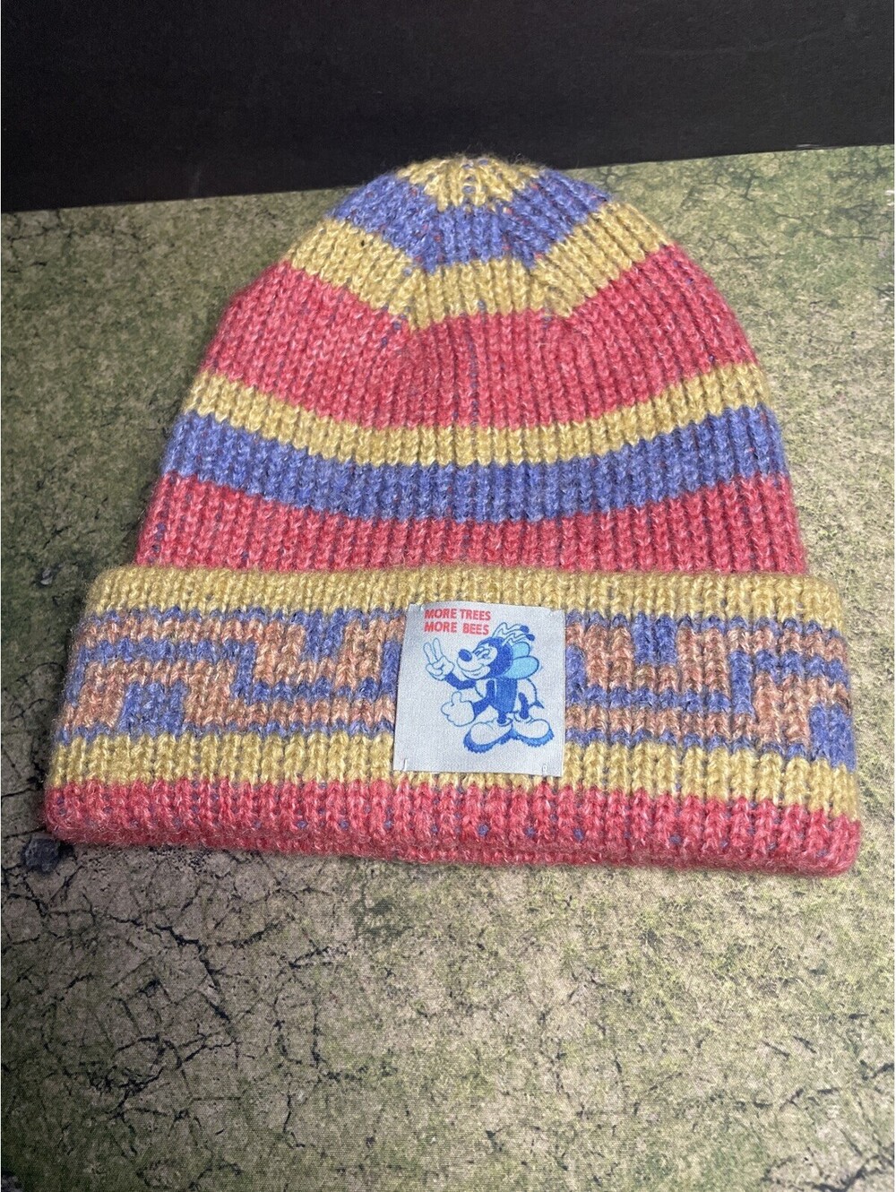 Timberland Vintage Knit Beanie Hat Striped More Trees More Bees Patch